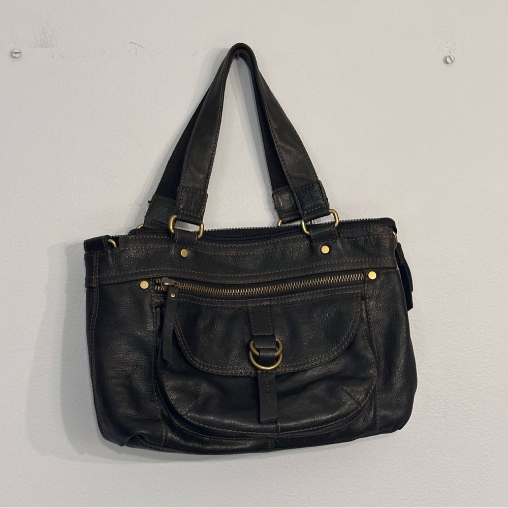 Fossil Vintage Black Leather Shoulder Bag Brass Hardware Women’s Handbag Purse